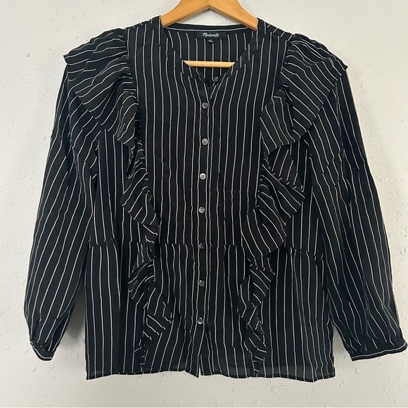 Madewell Tops - Madewell Black White PinStripe Ruffle Button Down Blouse Alexa Chung Medium Silk